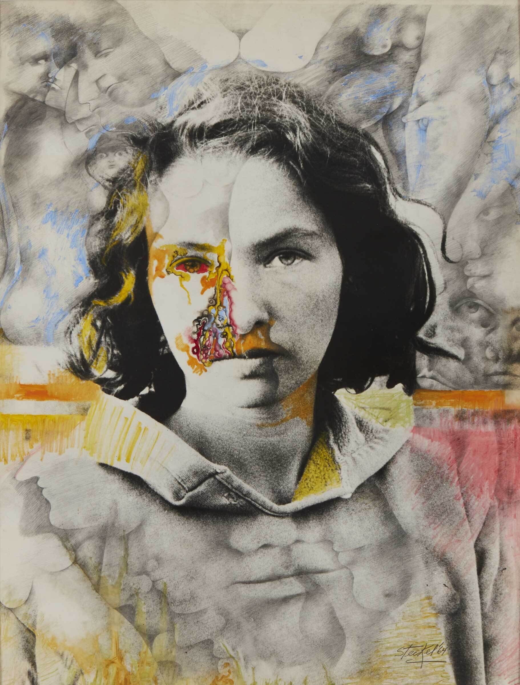 A young woman with dark hair stares forward; her face is partly covered with colorful abstract shapes and blended faces.