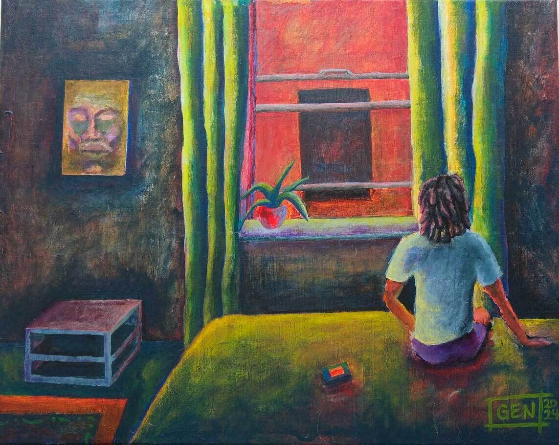 A person sits on a bed facing a window with green curtains and a potted plant on the sill.