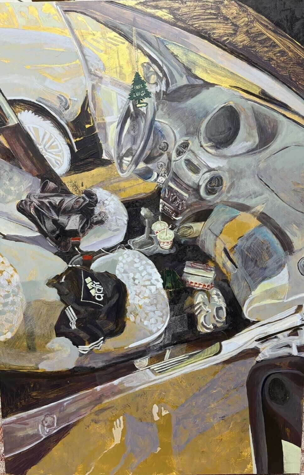 Car interior with a hanging air freshener, Adidas clothing, fast food cups, and shoes on the floor.