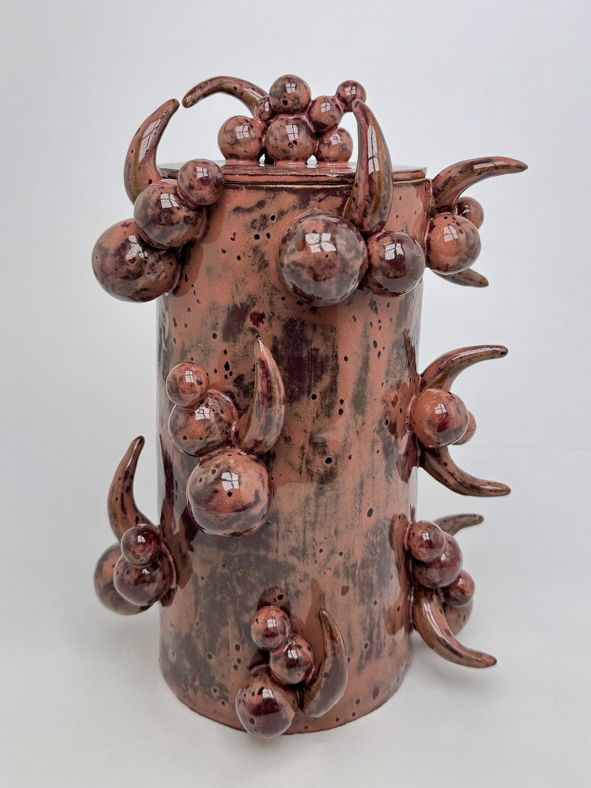 Tall, shiny ceramic vase with clusters of round and curved horn-like shapes attached to its surface.