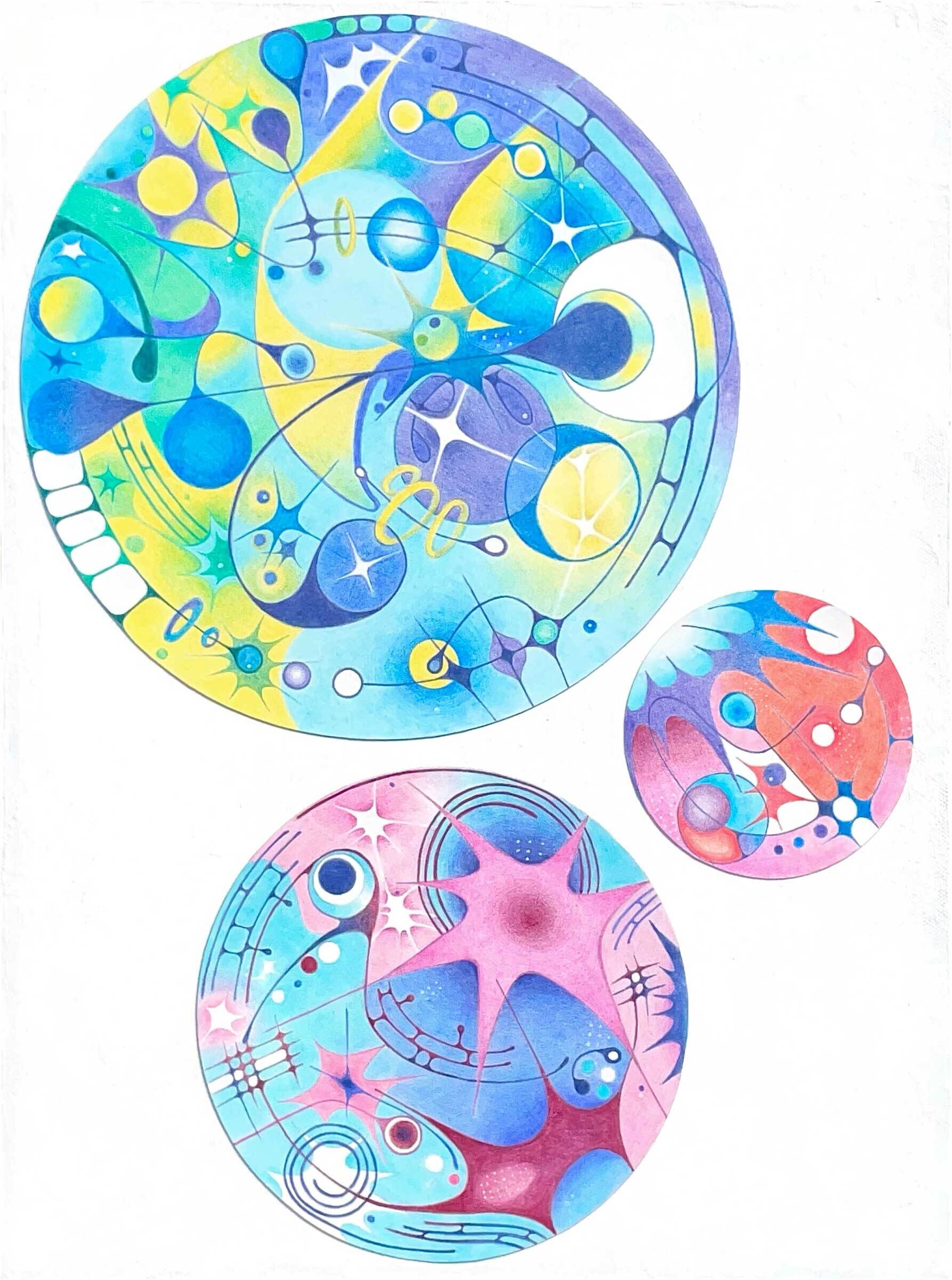 Three colorful circles with abstract patterns and shapes in blue, yellow, pink, and purple on a white background.