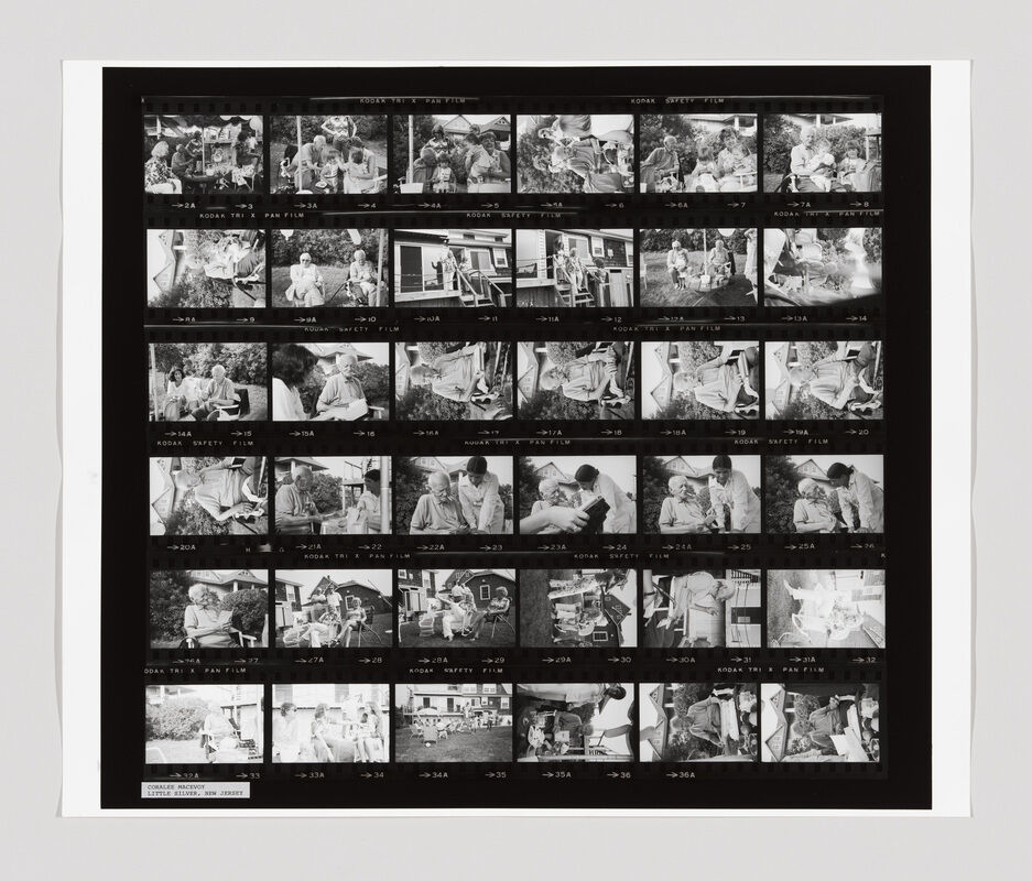 A black-and-white contact sheet shows people talking, reading, and relaxing outdoors near a house and garden.