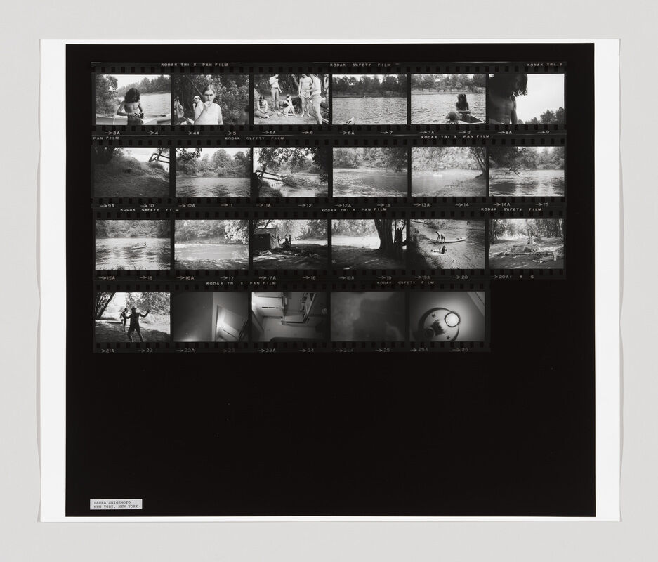 A contact sheet with black and white film negatives showing people by a river, trees, and some indoor scenes.