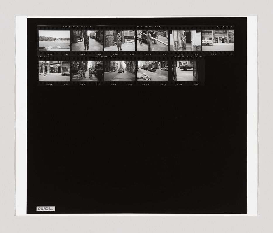 A contact sheet with black-and-white street scenes, people walking, and cars parked along city sidewalks.