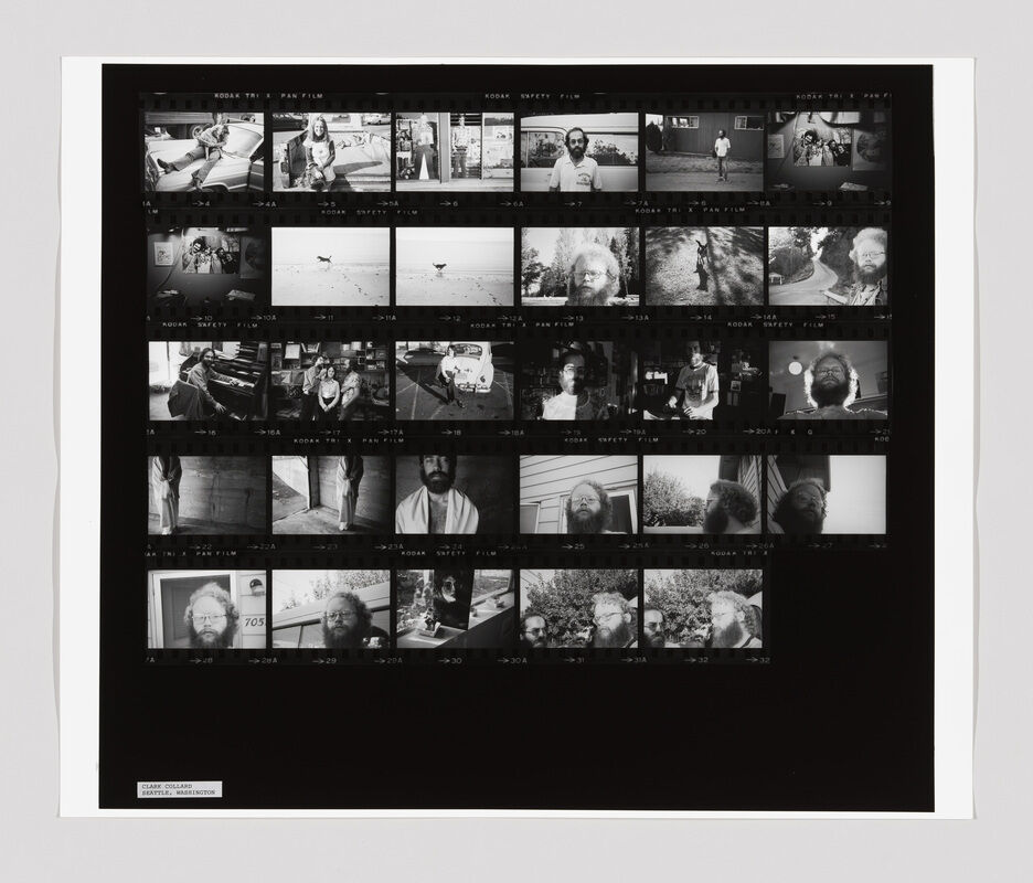 A black and white contact sheet shows a bearded man in various settings, including indoors, outdoors, and close-up portraits.
