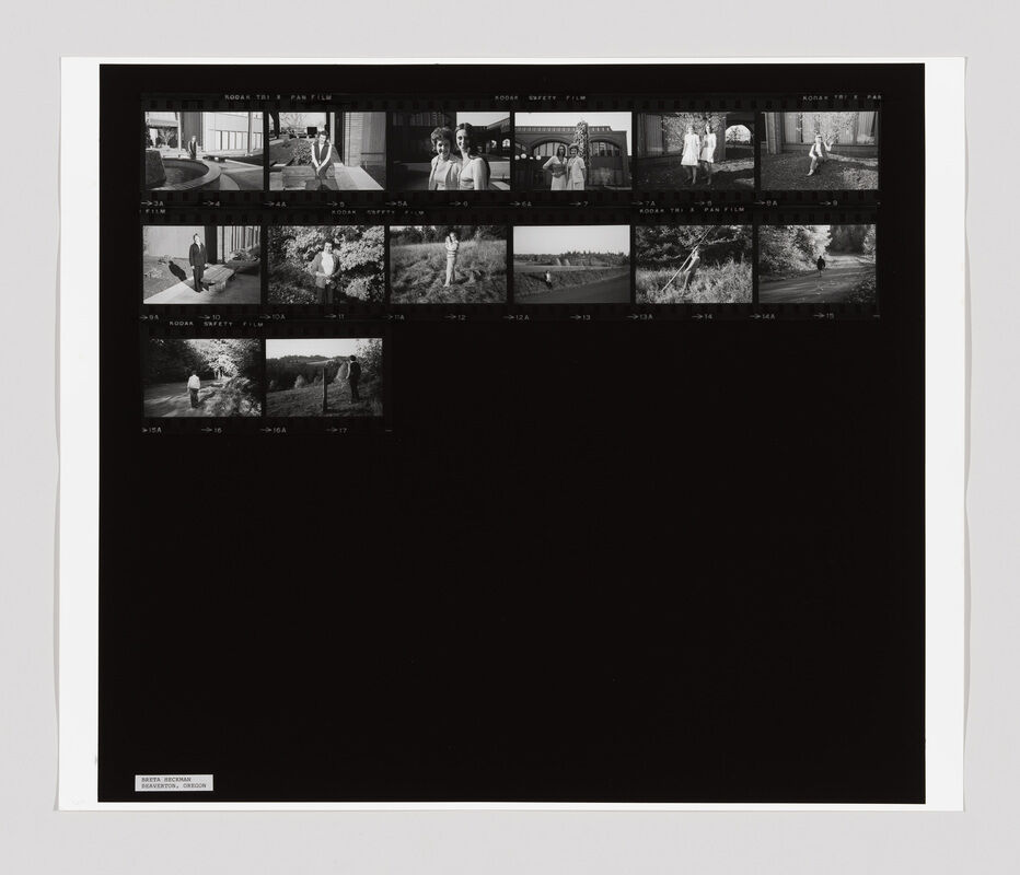A contact sheet with small black and white photos of people standing and walking outdoors in various locations.
