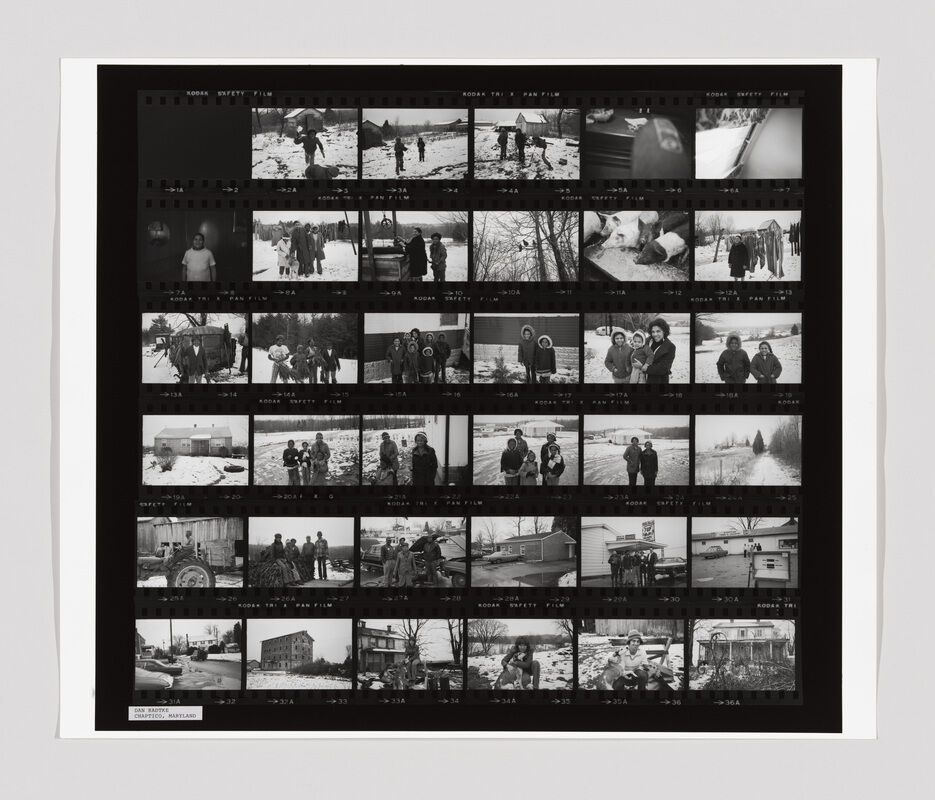 A contact sheet with multiple black-and-white photos showing people outdoors in a snowy rural area, some posing together.