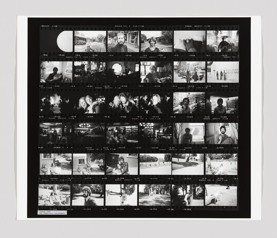 A black and white contact sheet shows multiple small photos of people indoors and outdoors, some posing, some candid.