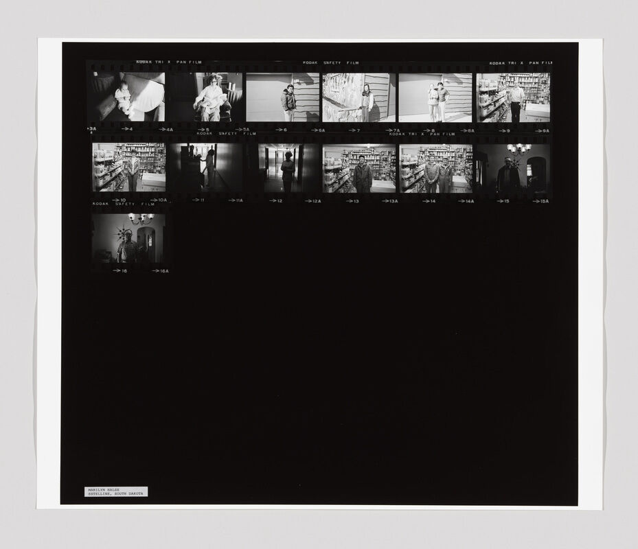 A contact sheet with black-and-white film negatives showing people in various indoor and outdoor scenes, some in a store.