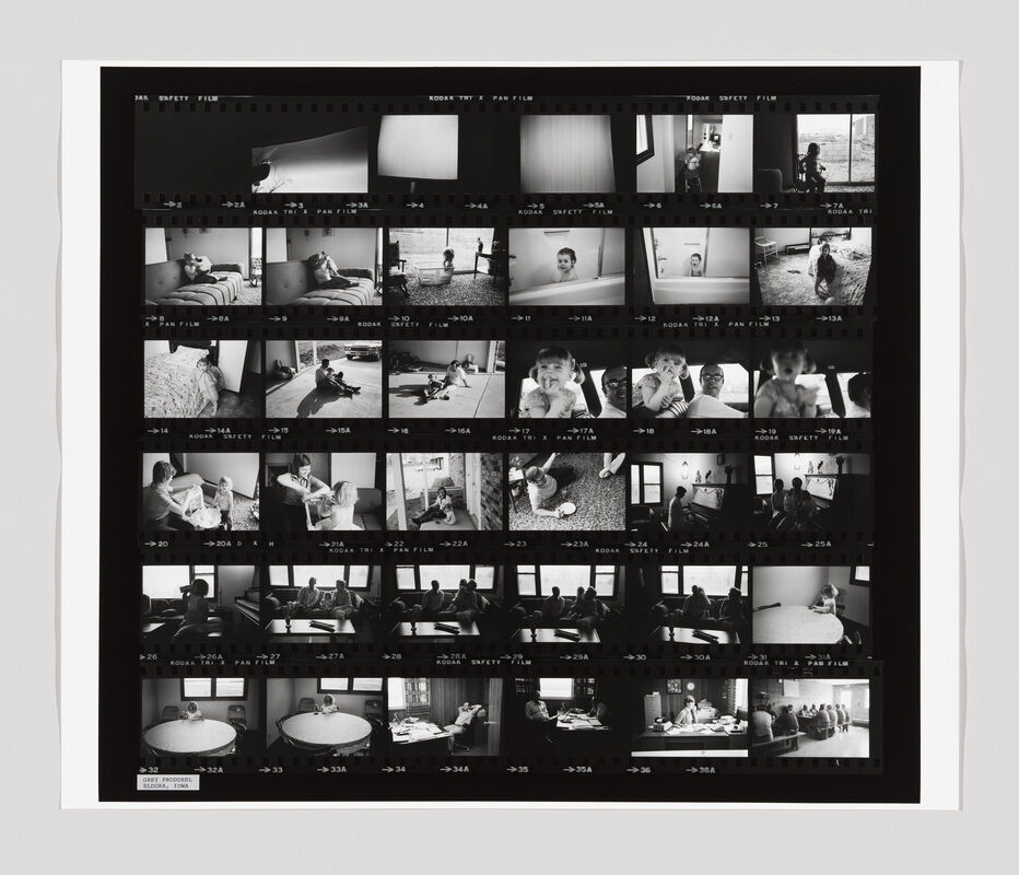 A black and white contact sheet shows various scenes of people, including children and adults, in everyday activities.