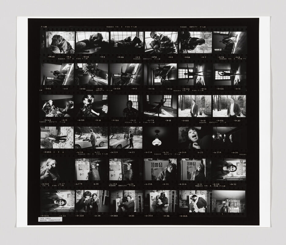 A black-and-white contact sheet shows multiple small photos of people indoors and outdoors, some interacting and some posing.