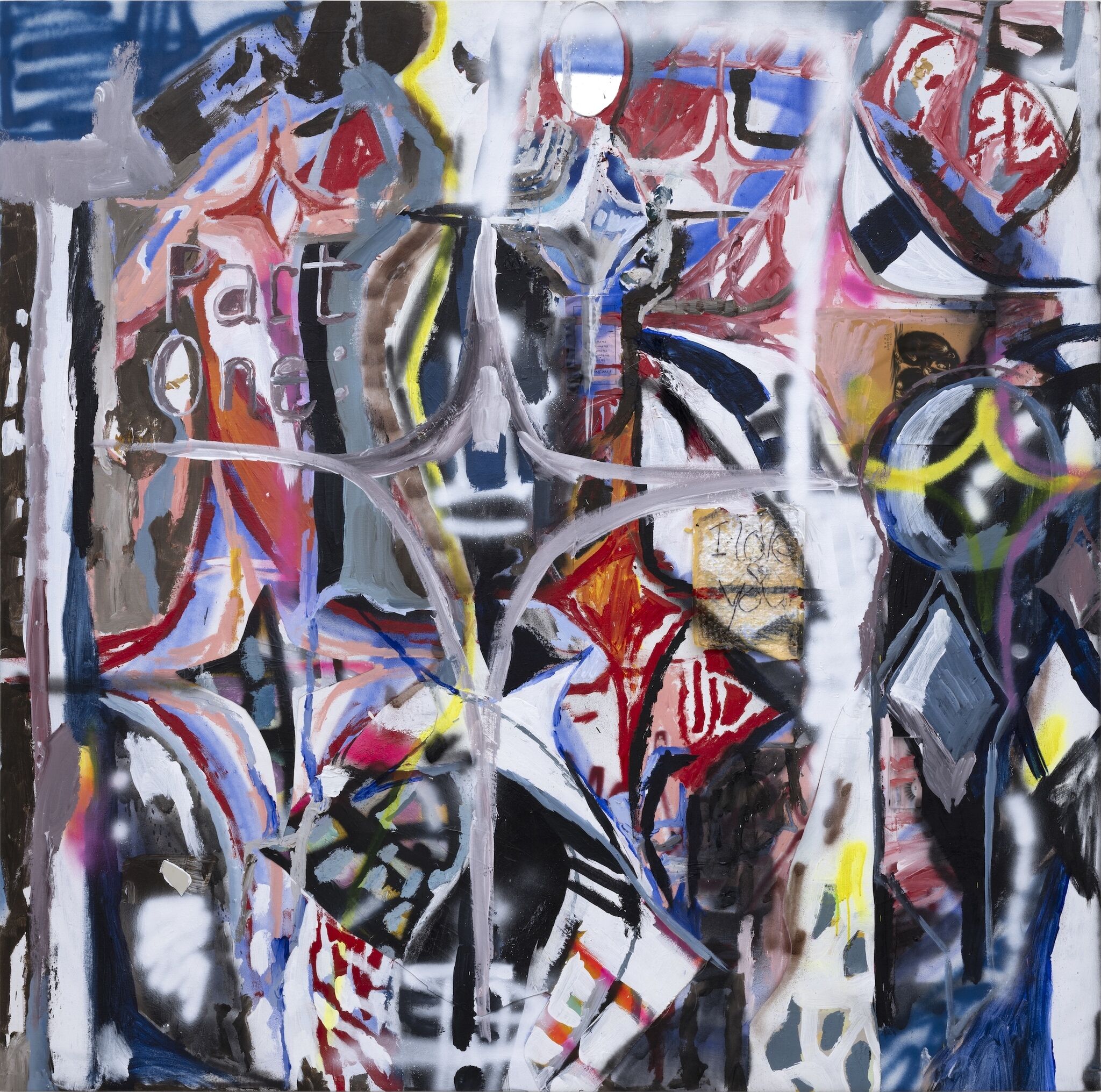 Colorful abstract graffiti collage with overlapping shapes, spray-painted lines, and the words "Part one."