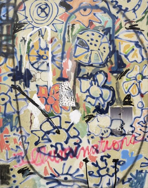 Colorful graffiti mural with spray-painted flowers, scribbles, pasted photos, and bright pink cursive writing.