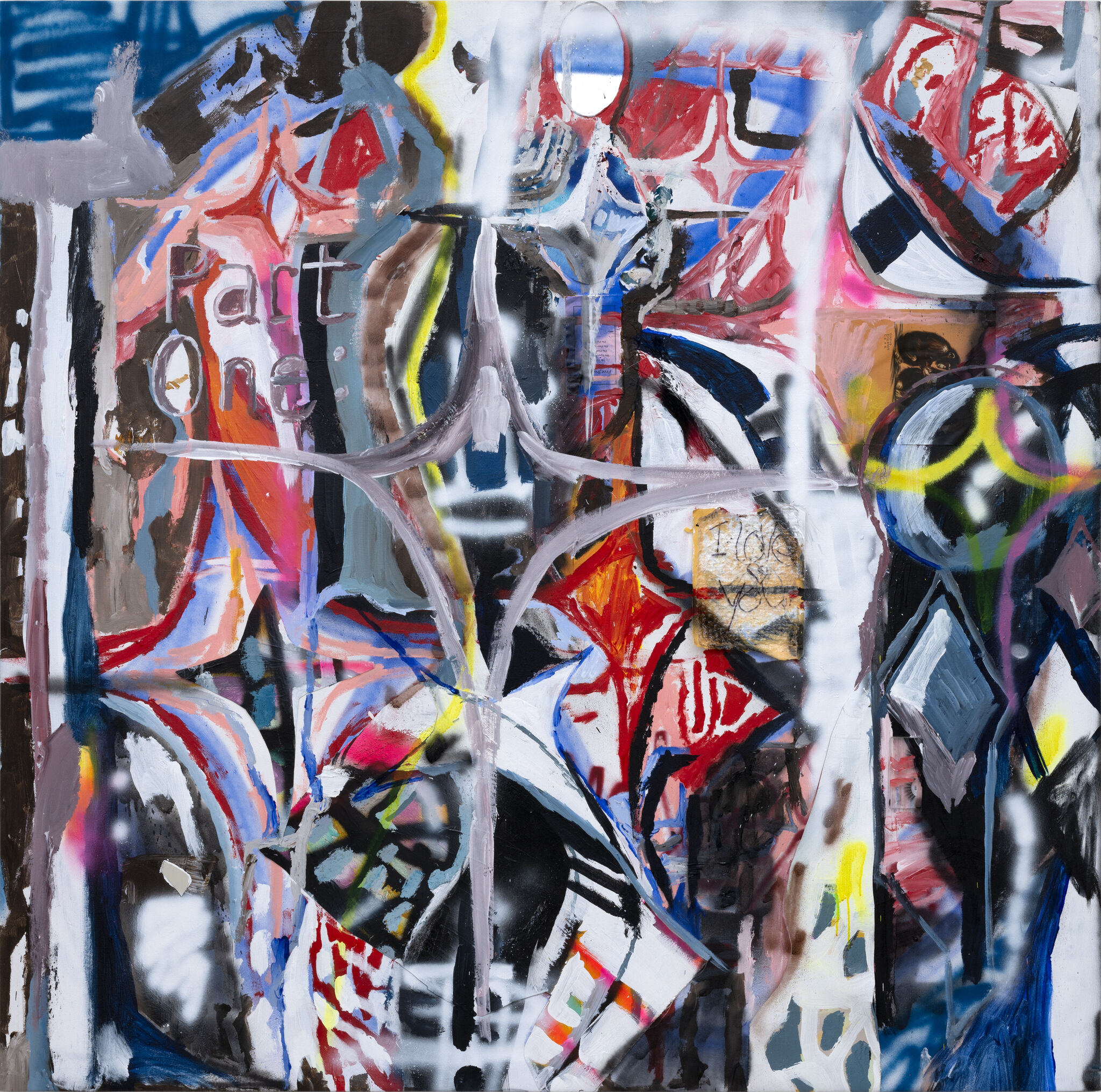 Abstract colorful graffiti-style mural with overlapping geometric shapes, brushstrokes, and the words "Part One."