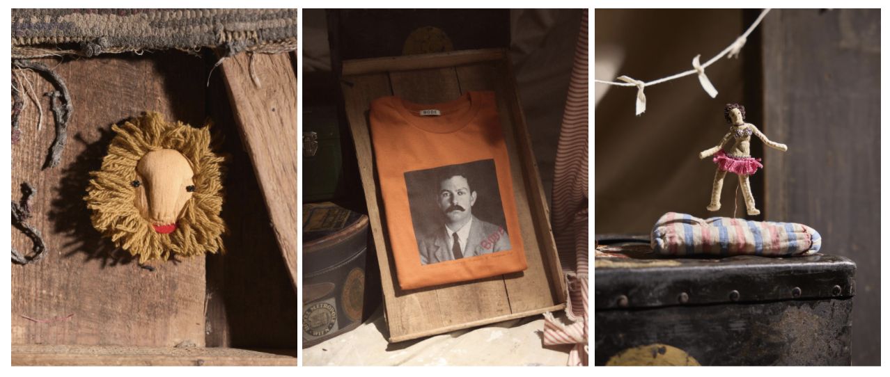 Three vintage toys and a folded orange shirt with a black-and-white portrait displayed on wooden crates.