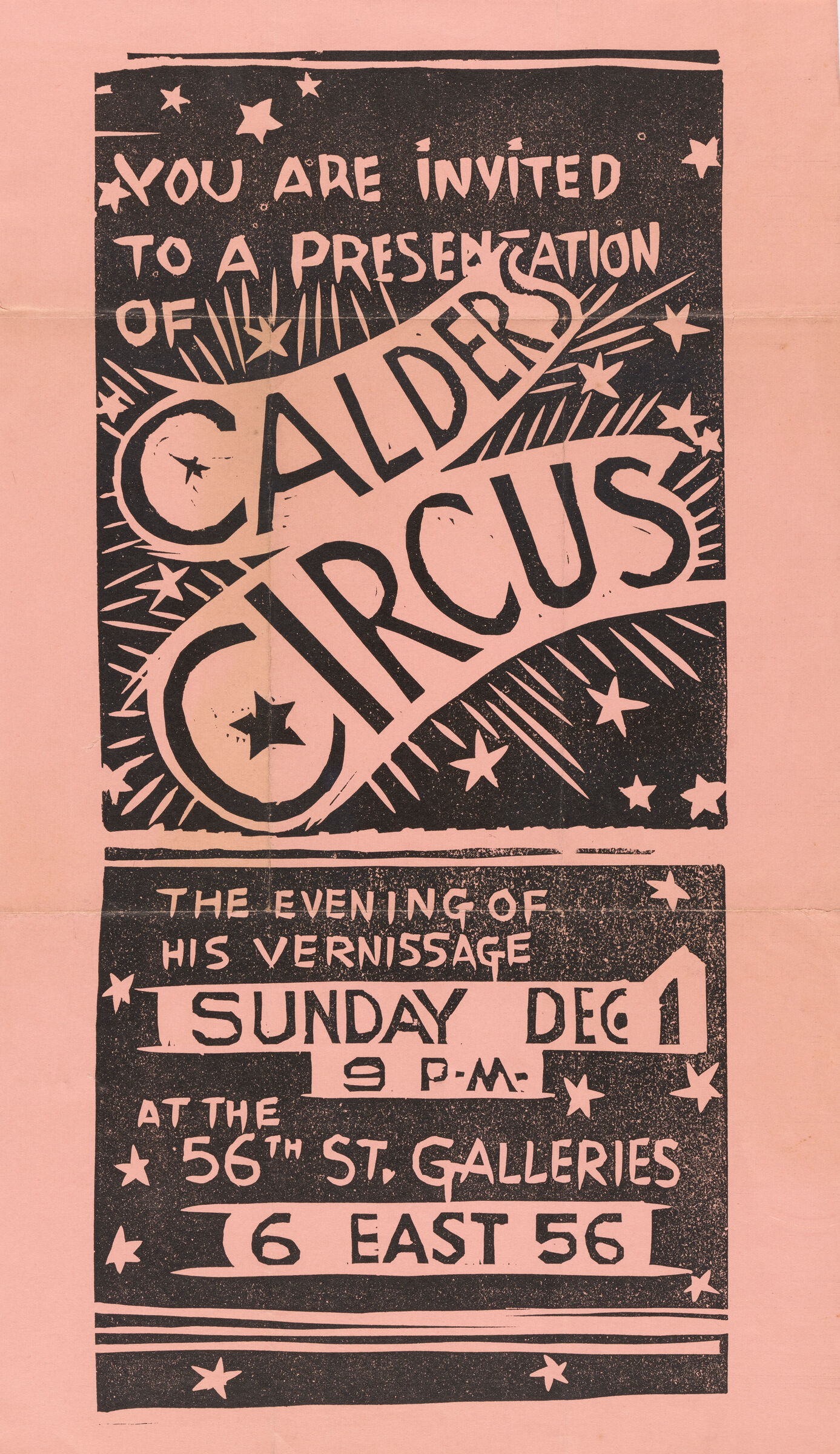 Invitation poster for a presentation of Calder's Circus at 56th St. Galleries, Sunday Dec 1 at 9 p.m.