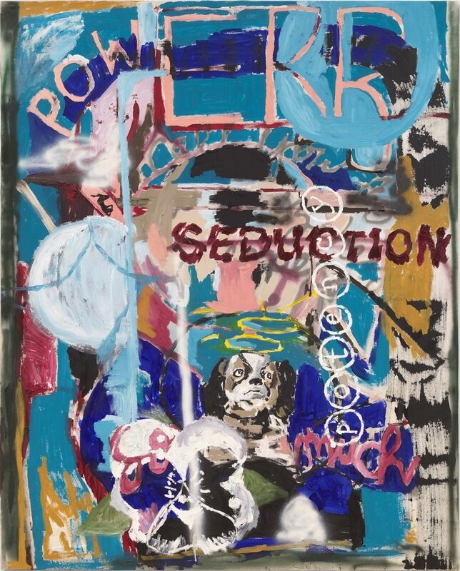 A colorful abstract painting featuring a small dog at center beneath the word SEDUCTION.
