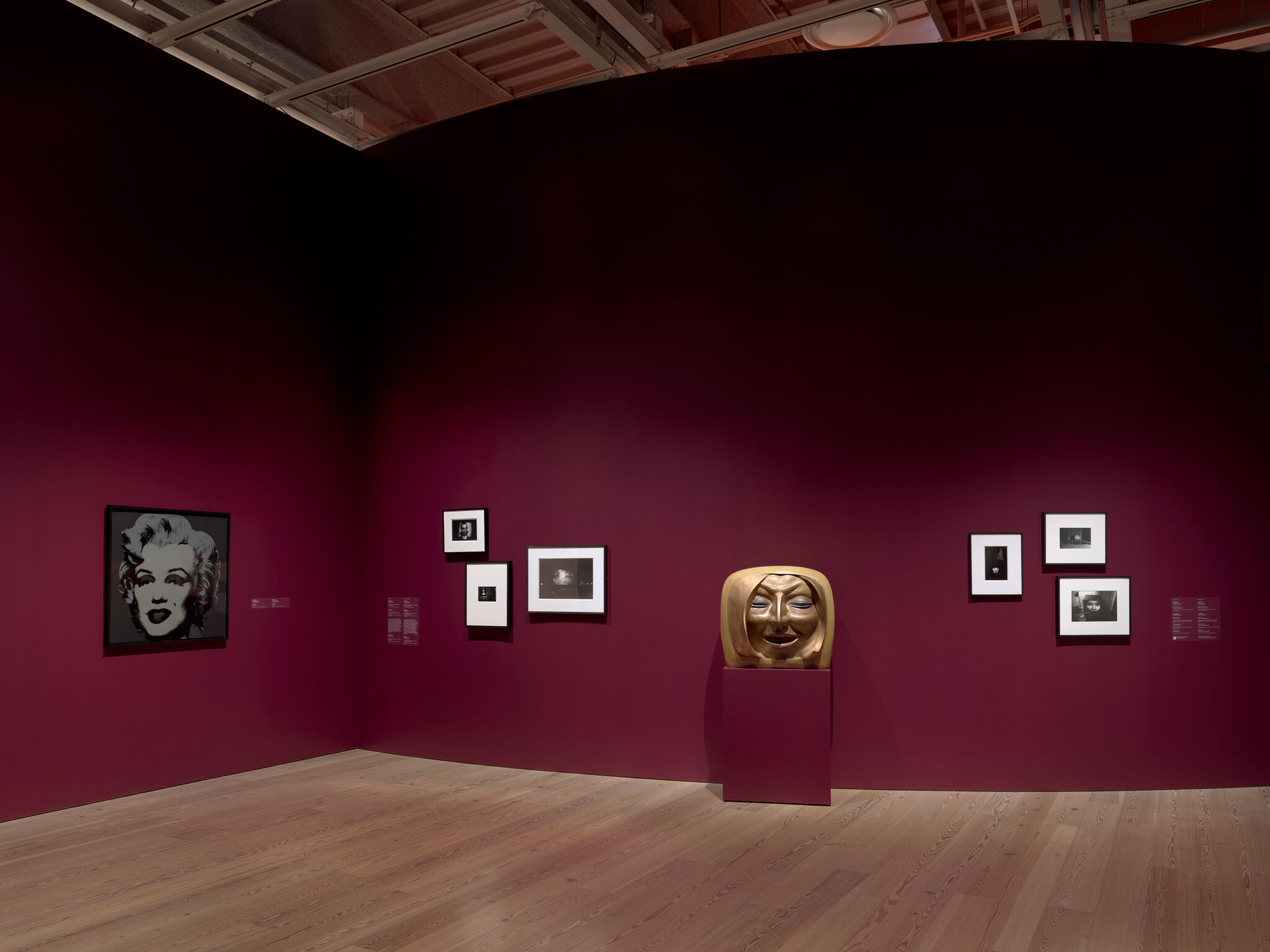 Gold face sculpture on a pedestal displayed against a deep red gallery wall surrounded by framed photographs.