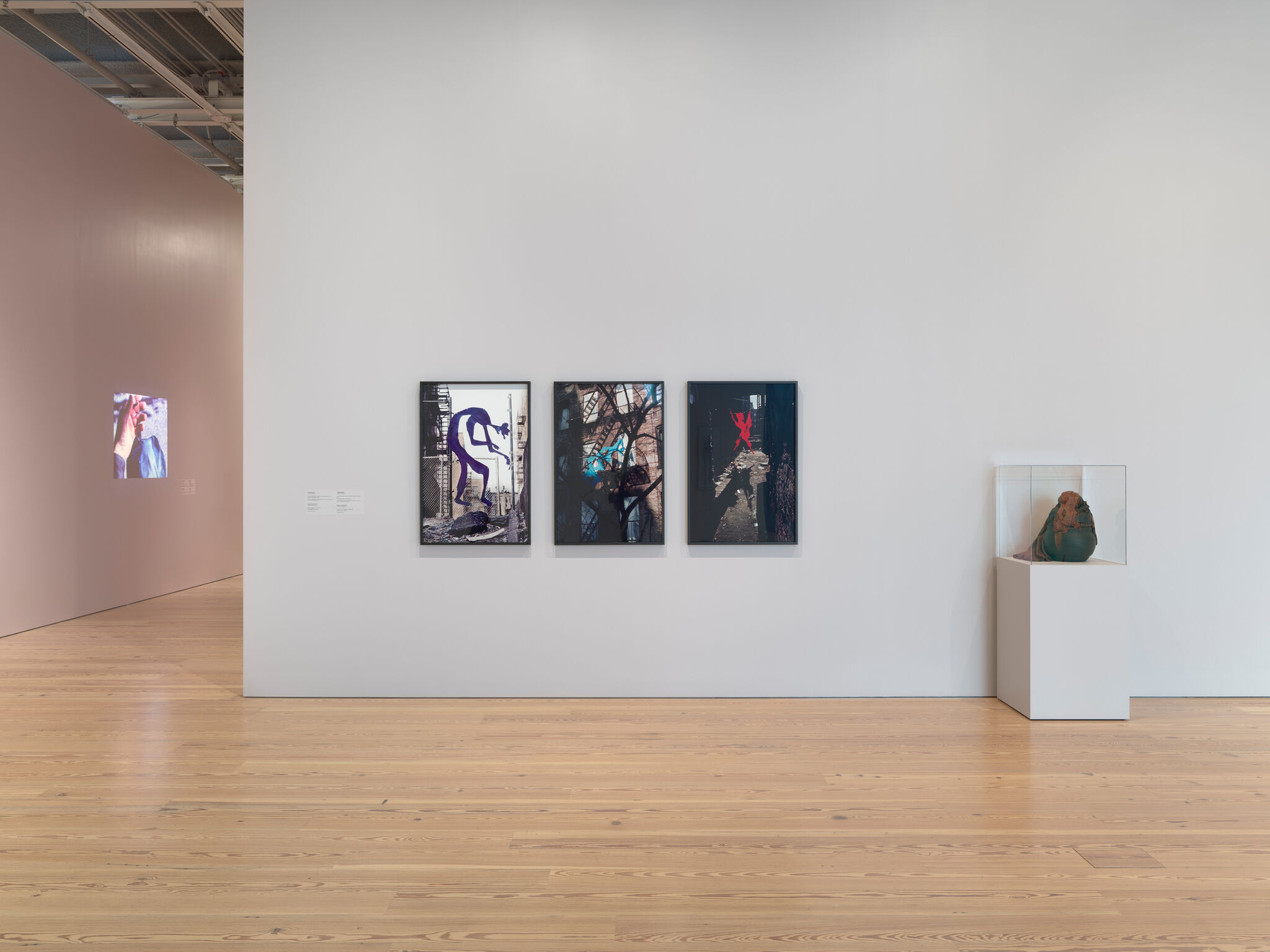 Three framed photographic artworks hang on a white gallery wall with a glass-encased sculpture on a pedestal.