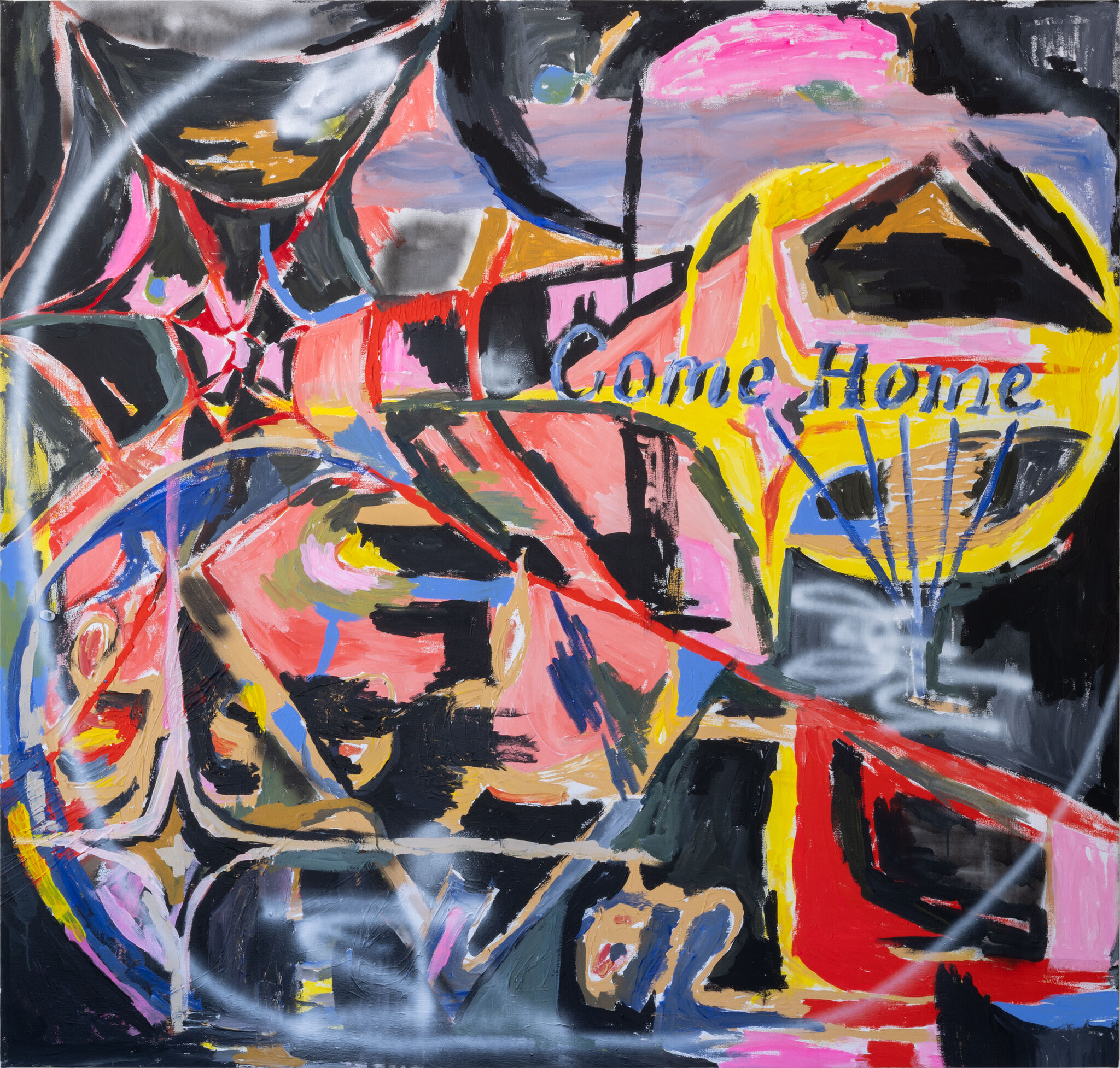 Abstract colorful painting with swirling shapes and the blue handwritten words "Come Home."