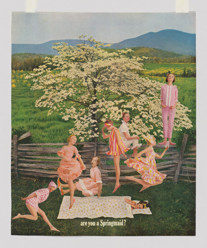 Seven women in colorful spring dresses play and pose by a blooming tree and fence.