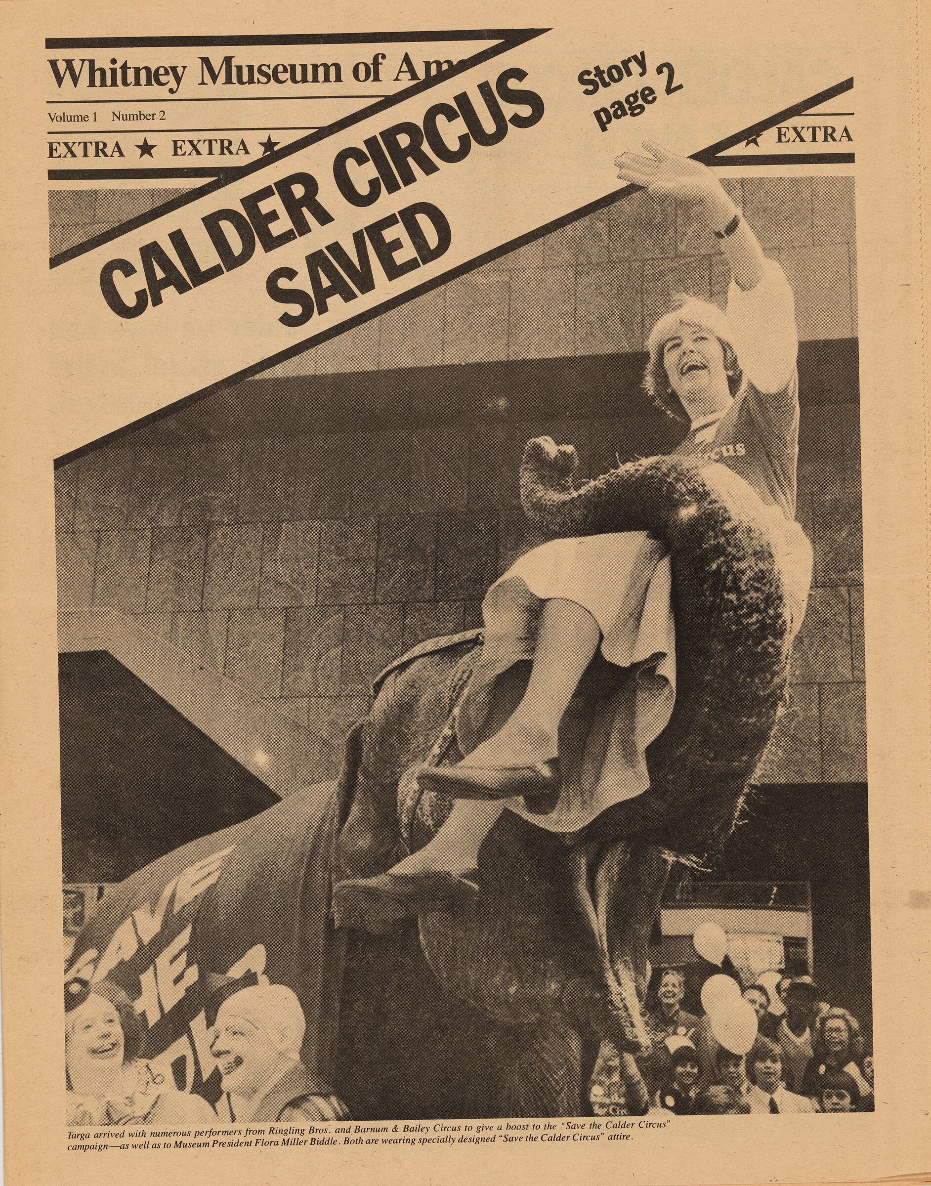 A newspaper clipping, featuring a photo of a woman riding an elephant and waving in front of a crowd beneath the headline "Calder Circus Saved."