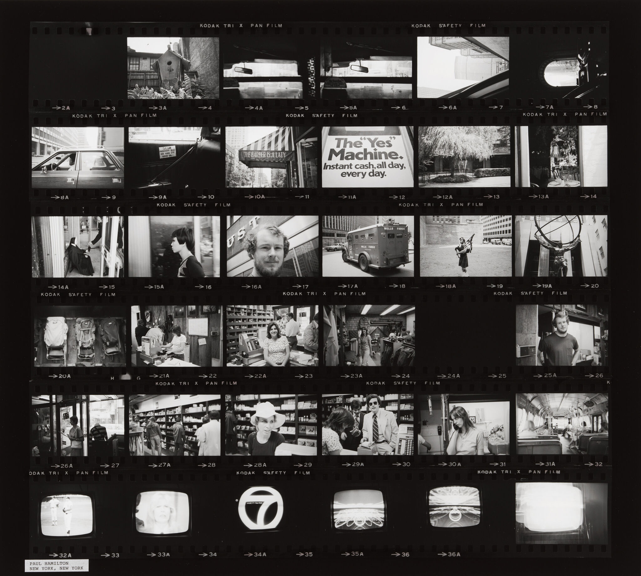 Black-and-white film contact sheet showing multiple street and portrait photographs arranged in rows.
