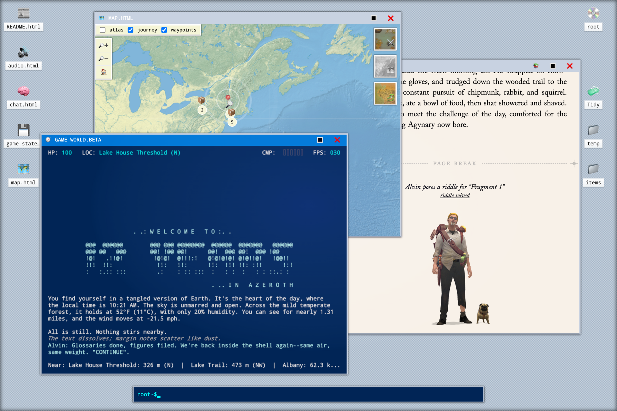 Blue terminal window showing a text-adventure welcome screen titled "Welcome to 12 Years in Azeroth", with another window behind that shows a map of New England, and another window to the side with an adventurer and his pug, and behind that a computer desktop.