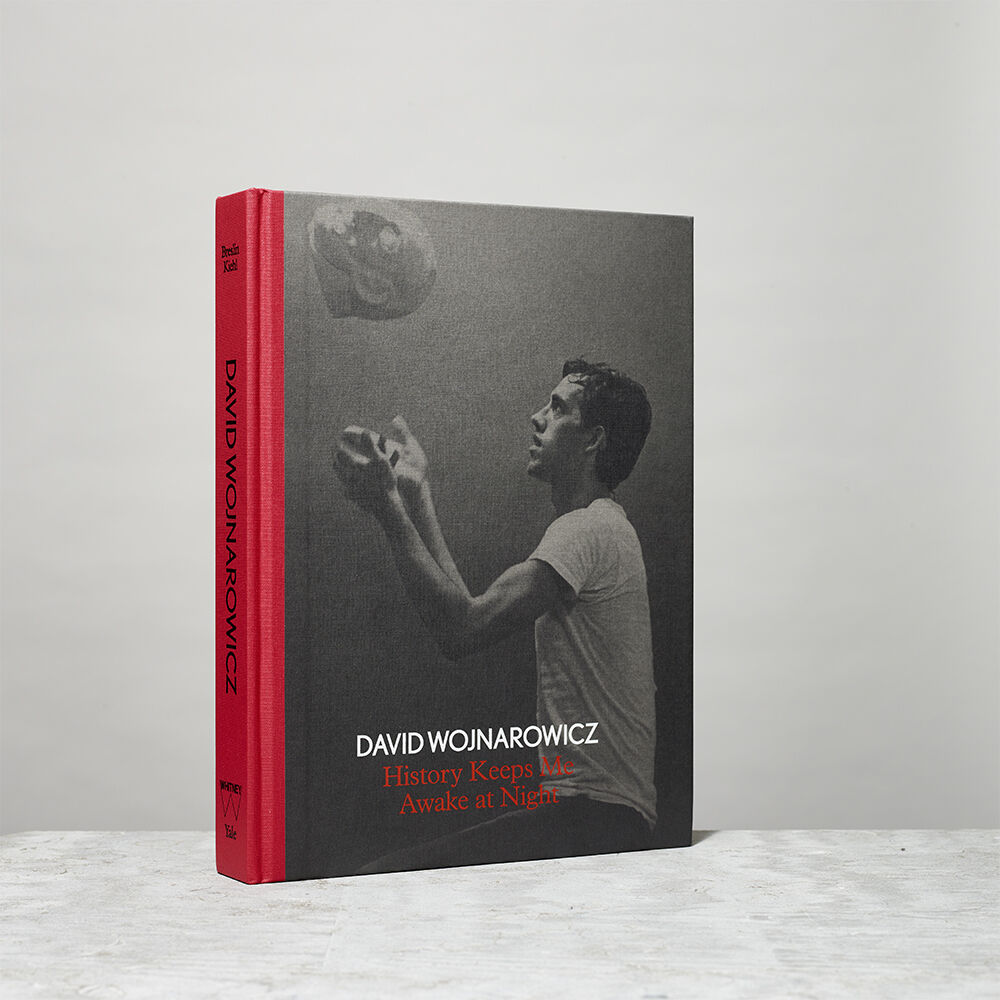 Hardcover book by David Wojnarowicz titled History Keeps Me Awake at Night with red spine.