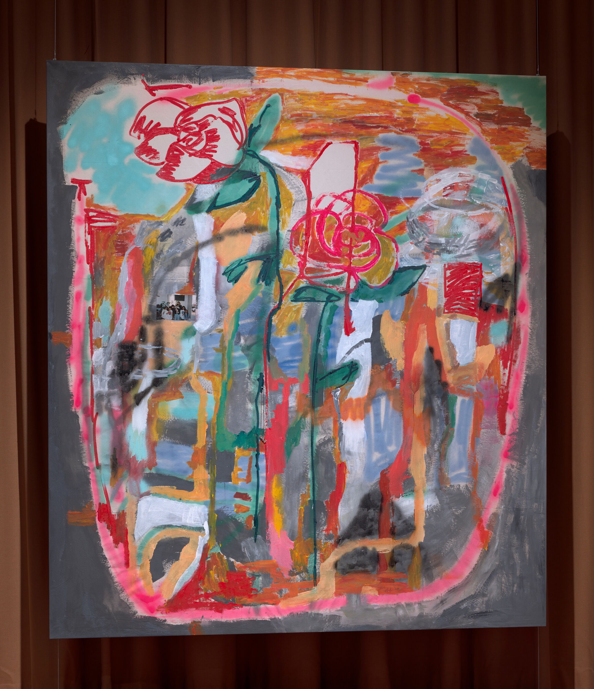 Large abstract painting with two tall stylized roses and dripping paint on canvas.