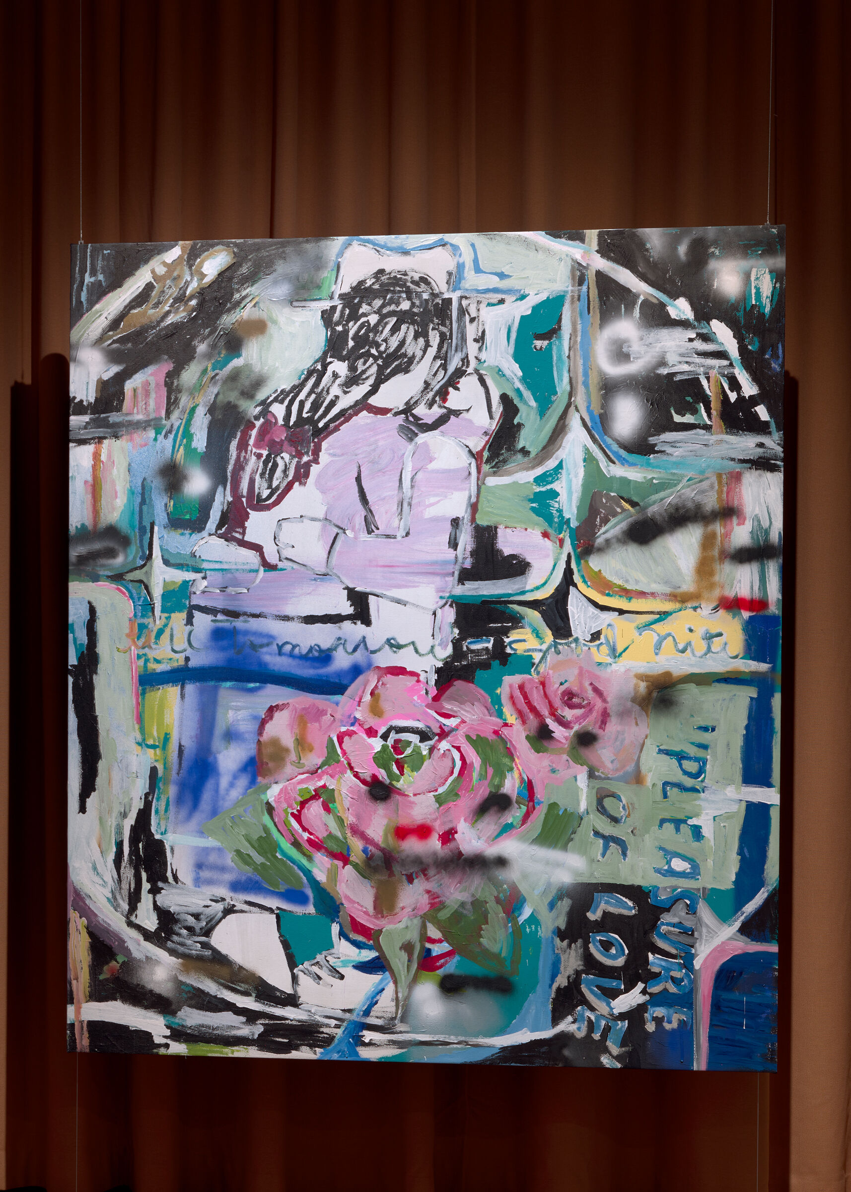 Abstract painting of a couple embracing above large pink roses with bold colorful brushstrokes.