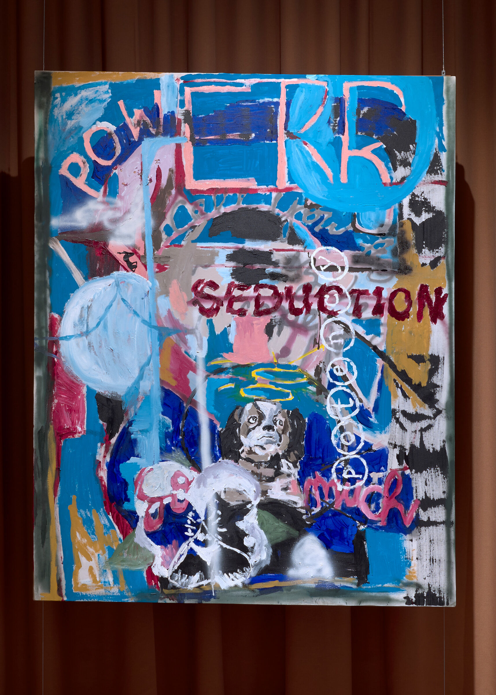 Colorful abstract painting with a small dog portrait and the word "SEDUCTION" scrawled across.