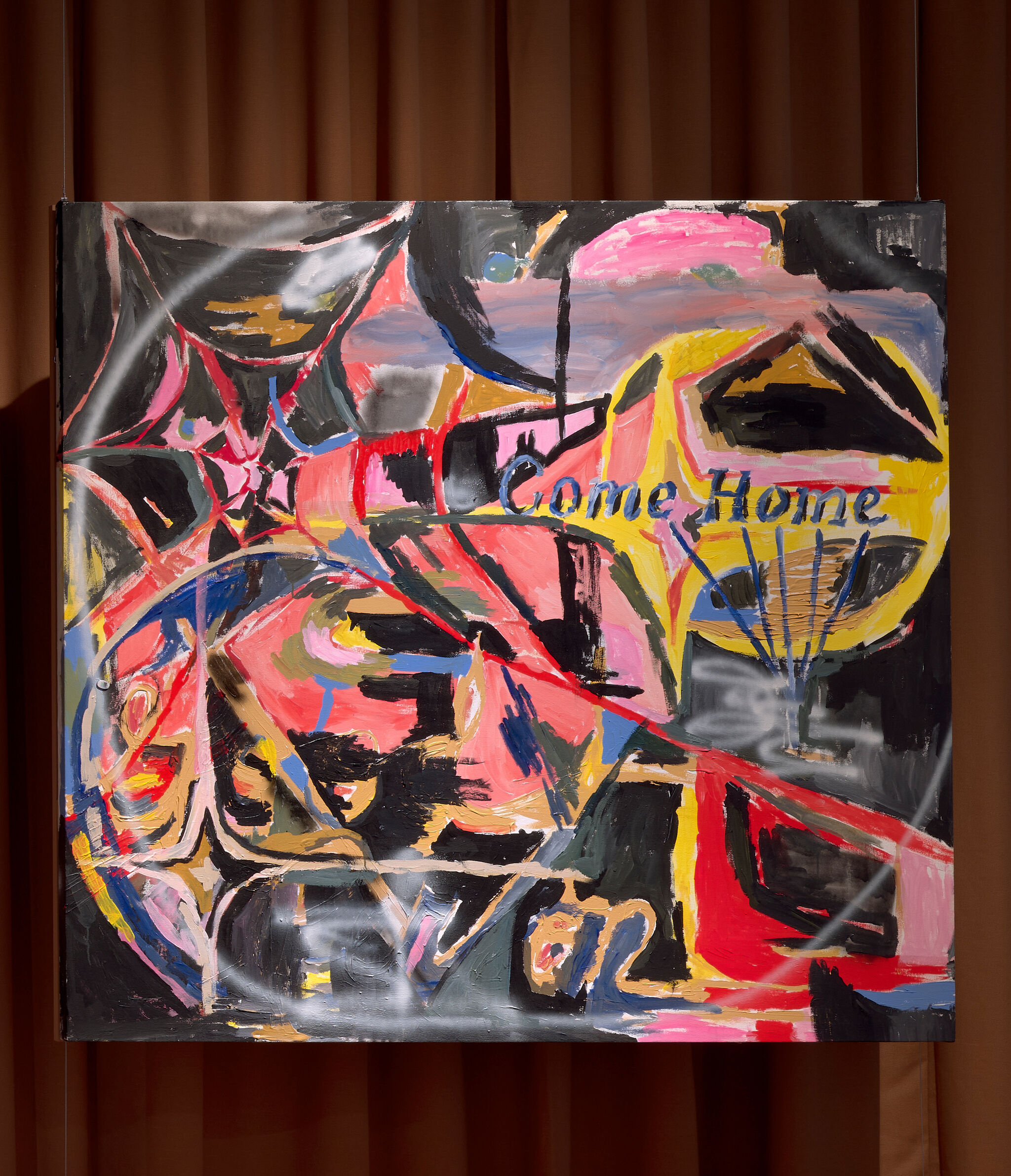 Colorful abstract painting with bold shapes and the words "Come Home" painted across it.