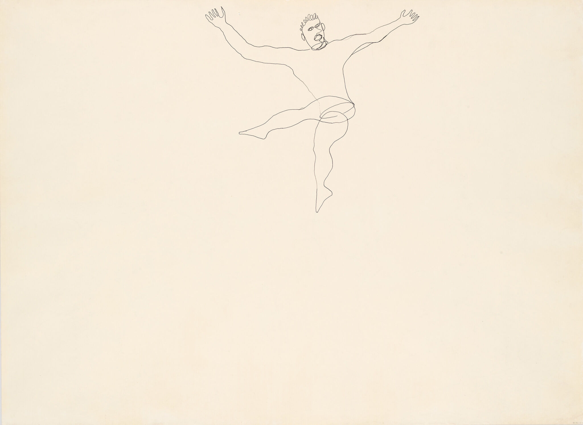A simple continuous-line drawing of a person leaping with arms outstretched near the top of the page.