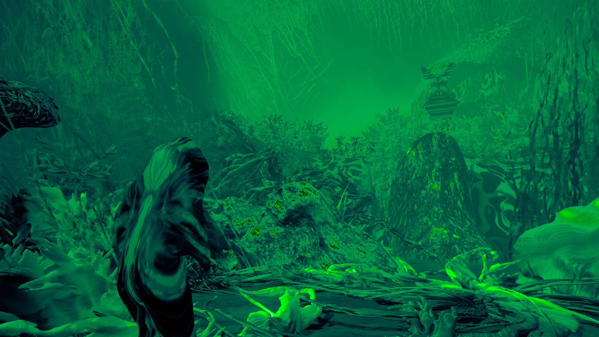 A surreal green underwater scene with rocks, sea plants, and a large slug-like creature in the foreground.