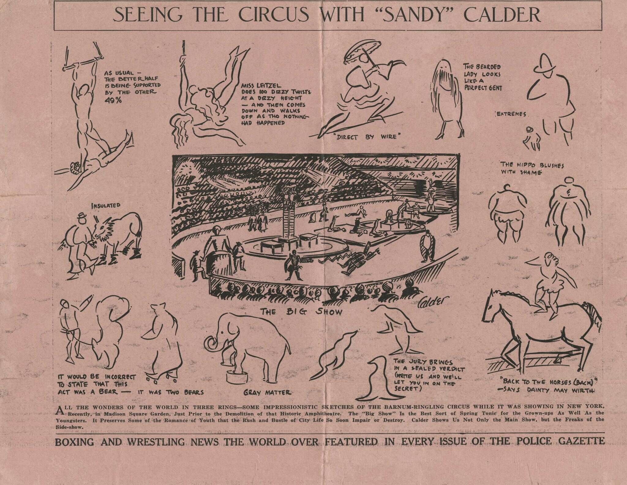 Cartoon collage of circus sketches showing performers, animals, and a central big-show ring.