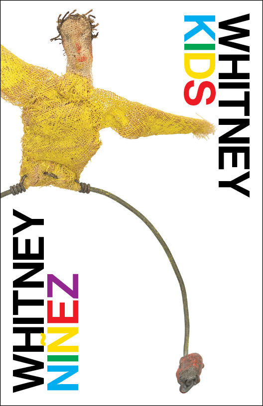 A yellow cloth puppet balances on a curved metal rod beside colorful "Whitney Kids" text.