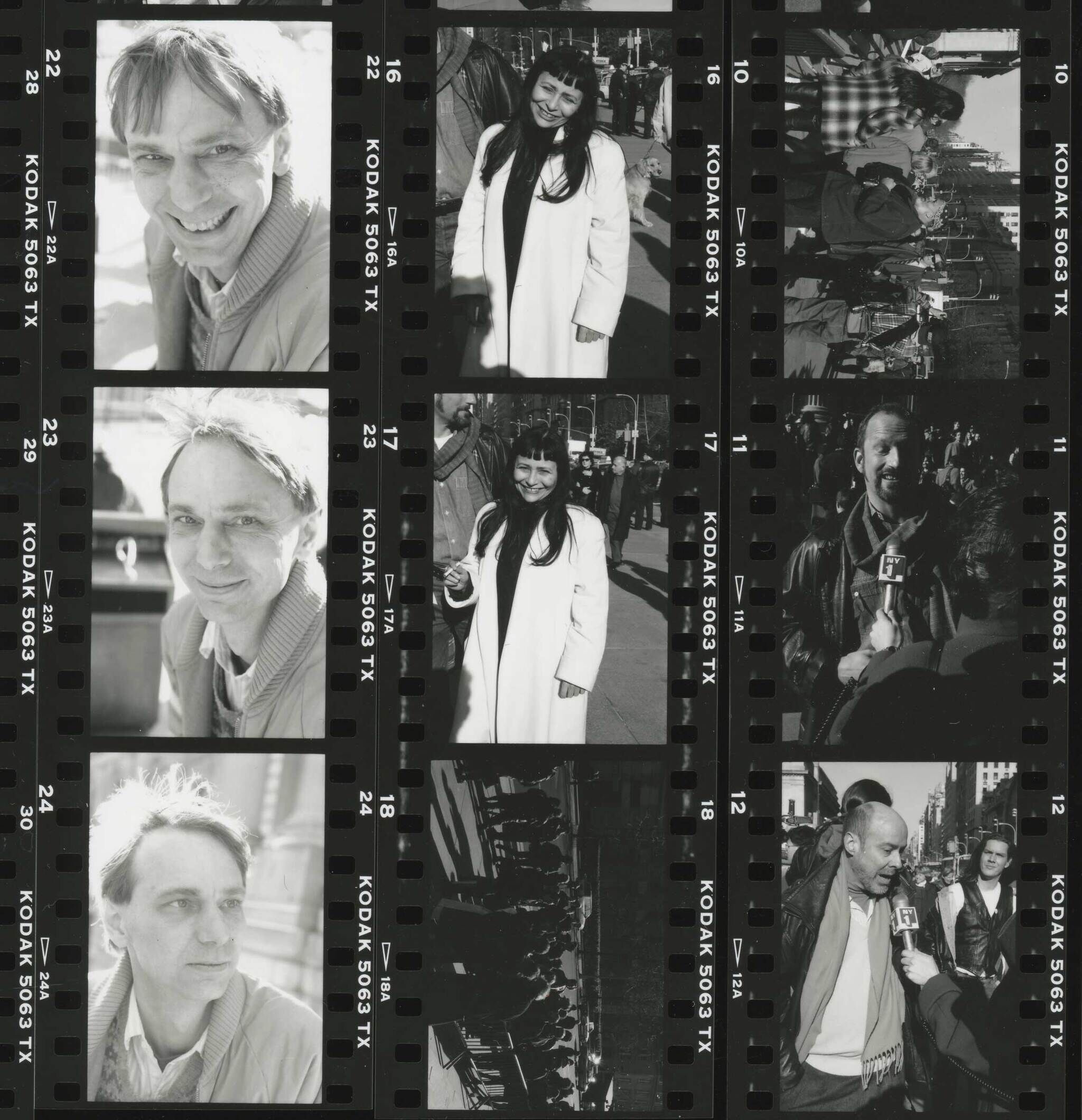 A vertically oriented photographic contact sheet with a mixture of portraits of individuals and scenes of a crowd at a protest.
