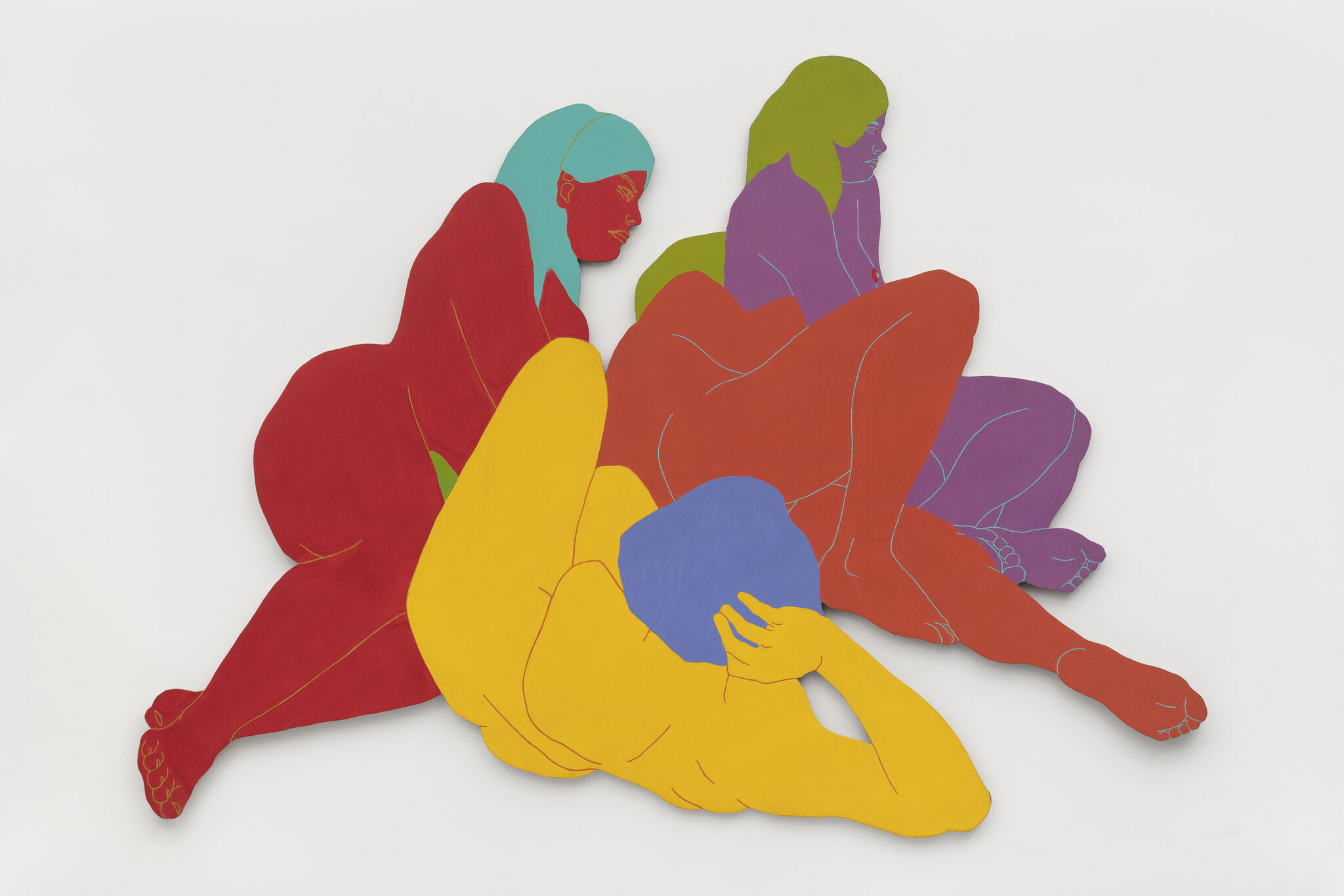 Four colorful reclining figures overlap in bright flat shapes against a plain white background.