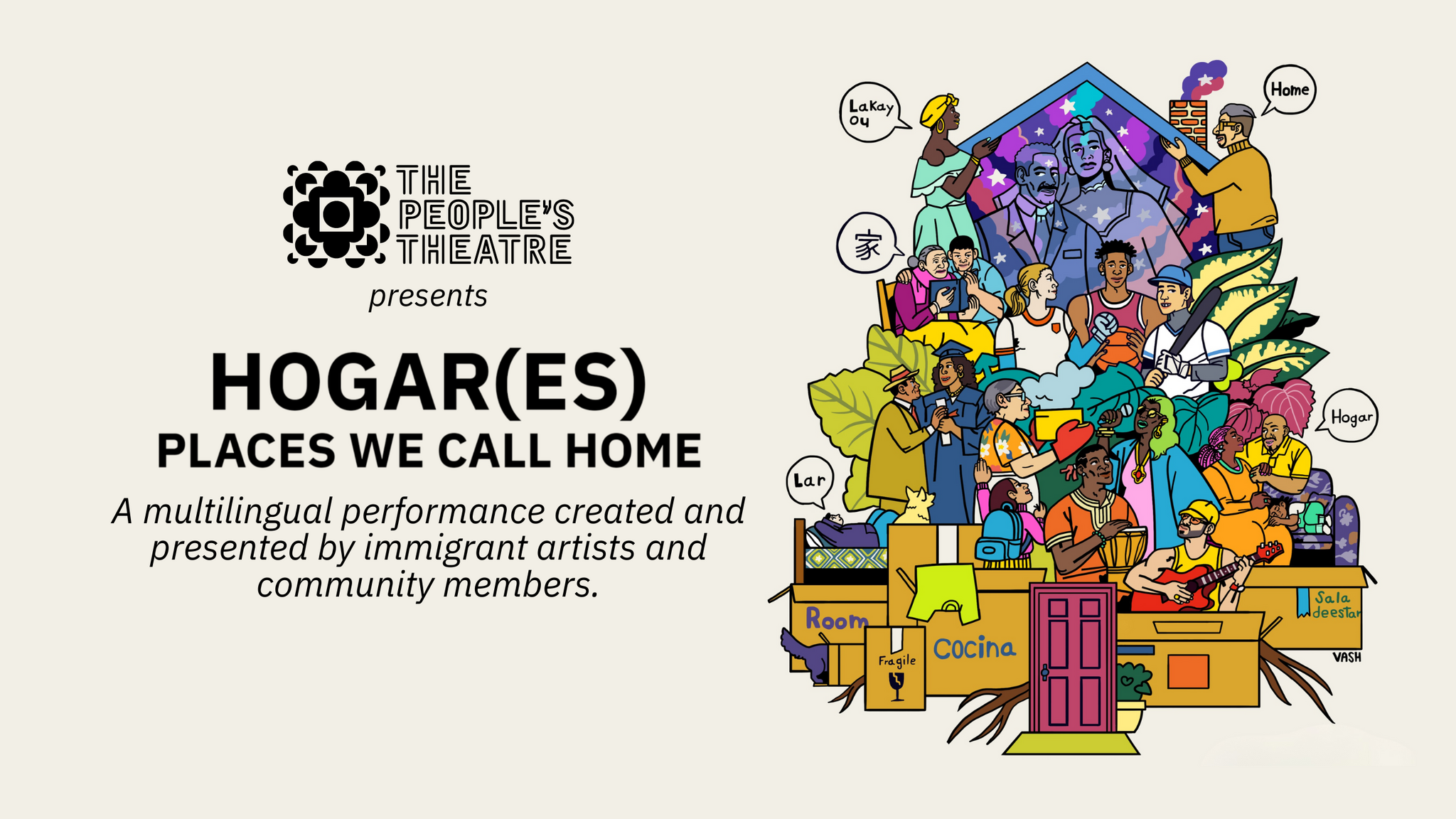 Colorful illustration of various types of people saying the word home in different languages
