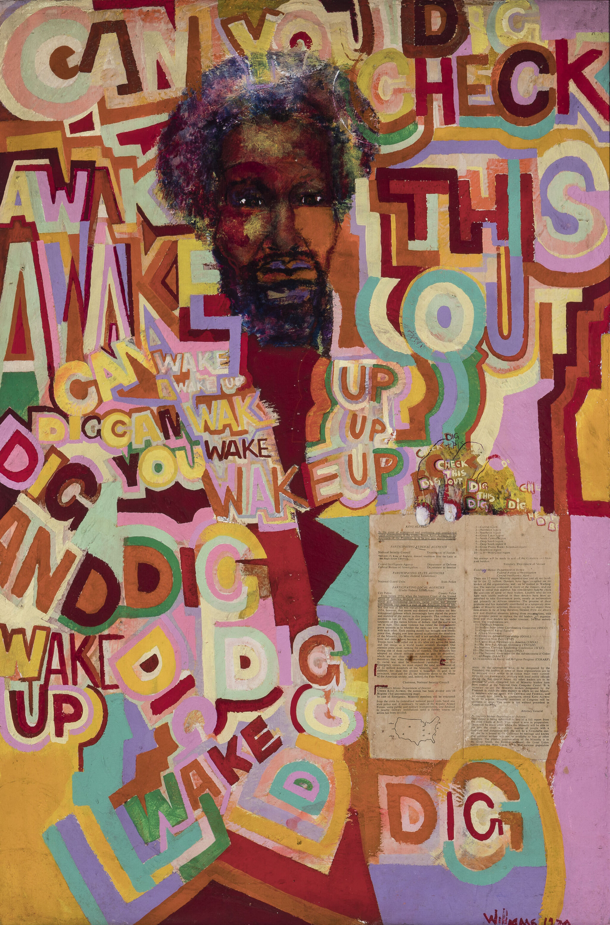 Portrait of a man's face surrounded by colorful text reading "Can you dig this" and "Wake up."