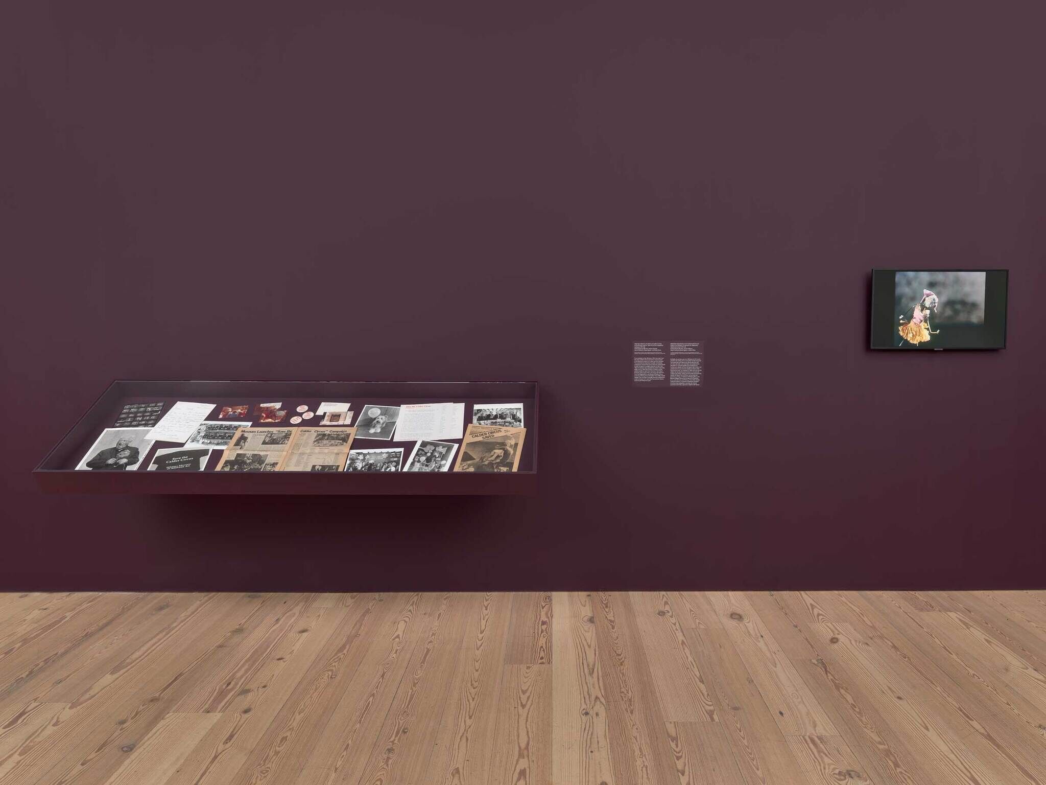 Glass display case on a dark purple wall shows historical photos and papers beside a small video screen.