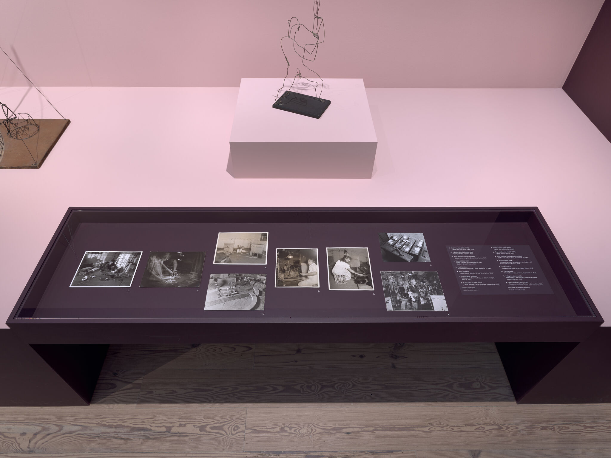 A display case on a pink platform shows vintage black-and-white photographs and a nearby wire sculpture on a pedestal.