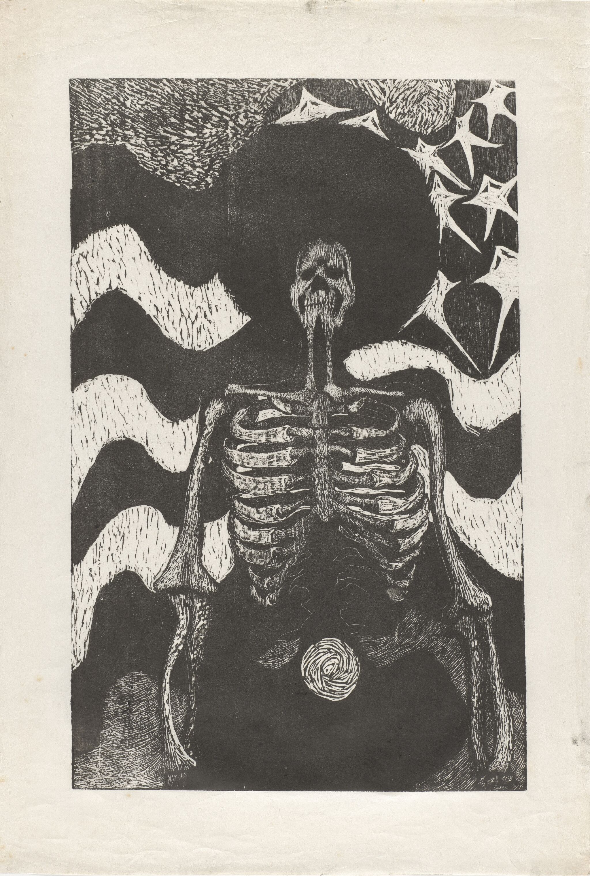 A standing skeletal figure with ribs exposed against wavy stripes and star shapes.