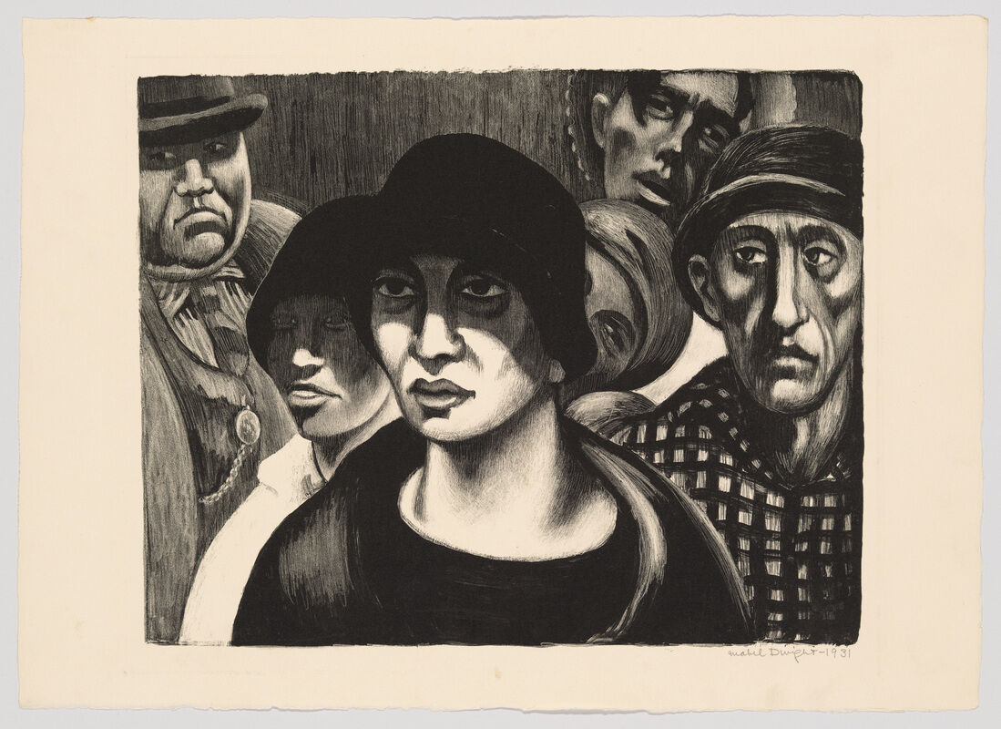 A crowd of solemn-looking people surrounds a woman wearing a dark cloche hat.