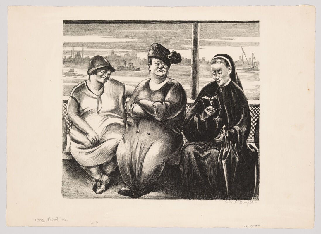 Three women sit side-by-side on a ferry bench, the nun reading from a small book.