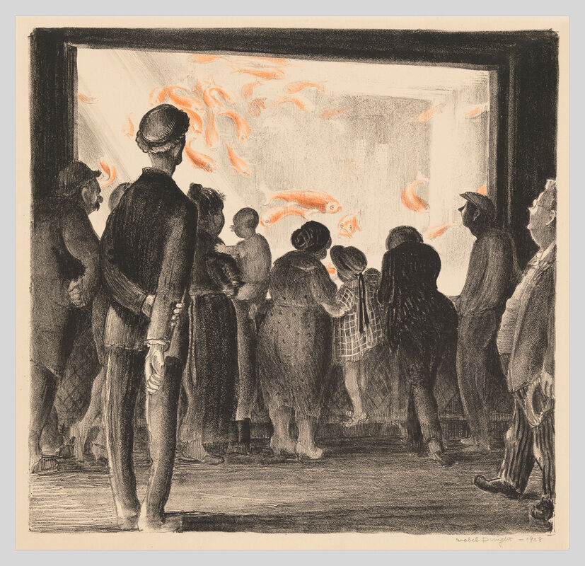 A crowd of people, including children, watch orange fish swimming in a large aquarium.