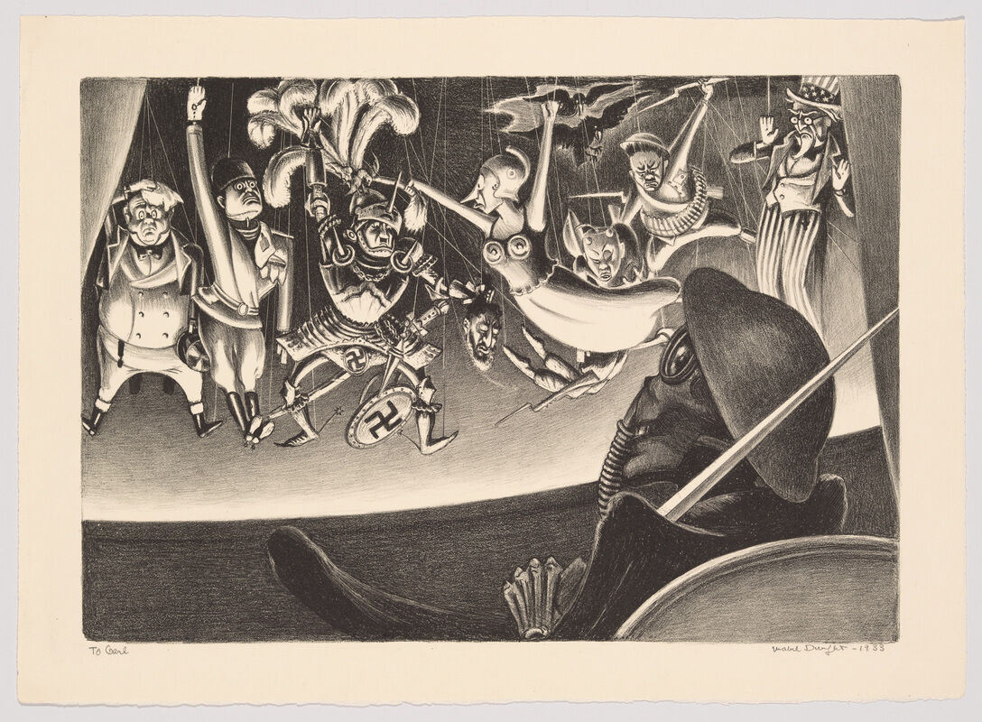 A gas-masked soldier watches marionette puppets on a stage, including a puppet with a swastika.