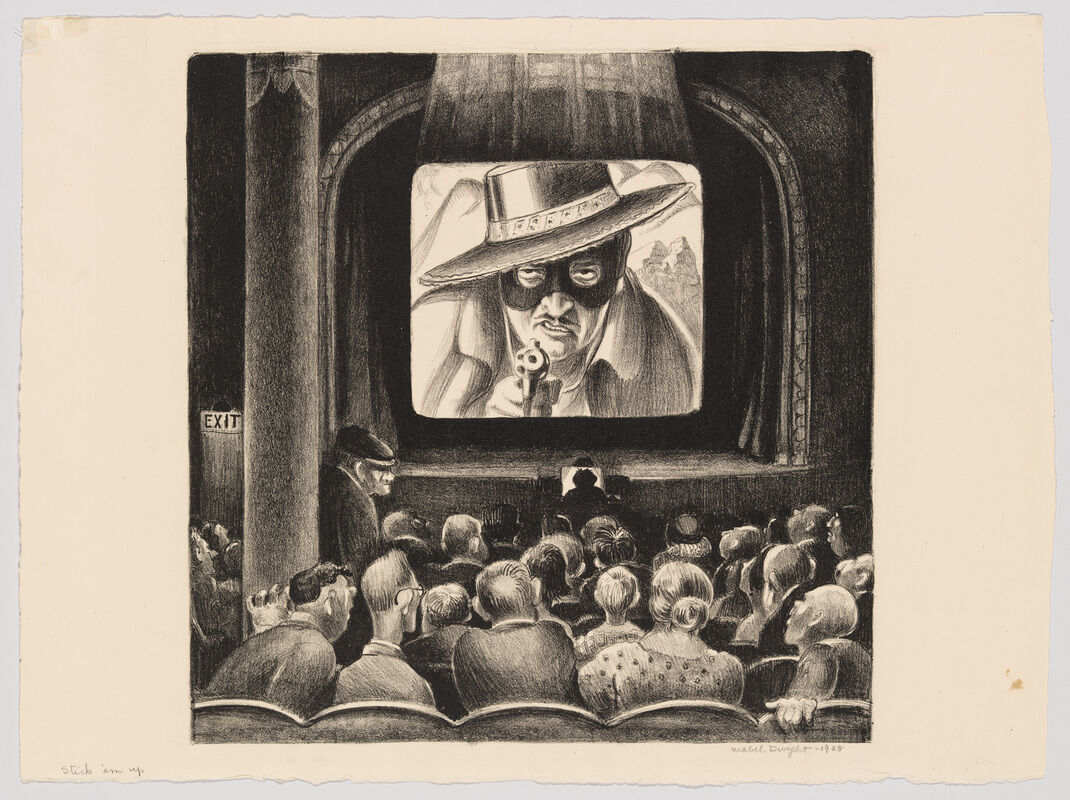 Audience in a theater watches a masked gunslinger on screen pointing a pistol directly at them.