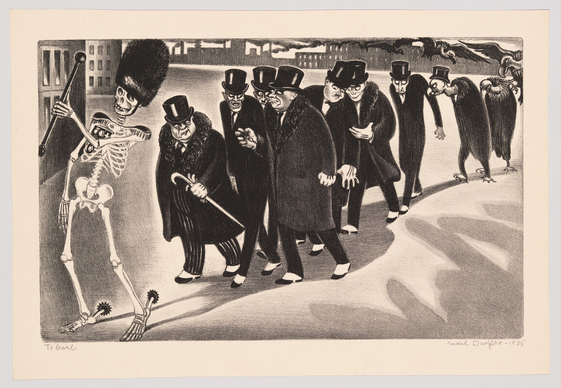 A skeleton in a bearskin hat leads a procession of grim businessmen in top hats.